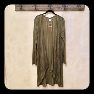 O’Neill Crochet Olive Long Open Cardigan w/ Side Slits-L